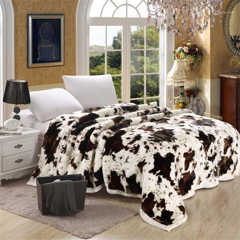 

Super Soft Raschel Blanket Animal Cow Skin Flower Print Double Layer Queen King Size Double Bed Thick Warm Winter Mink Blankets1