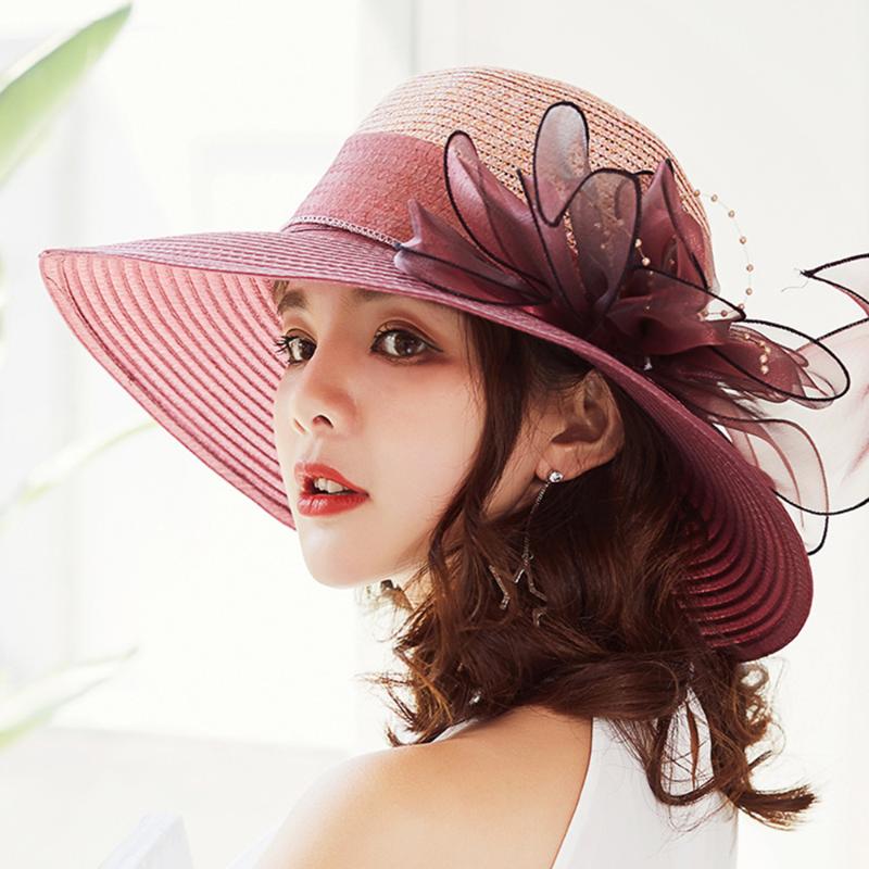 

Flowers Sun Hat Women Wide Brim Velvet Beach Hat Elegant Summer Anti-UV Caps Color-Matching Silk Yarn Straw Vacation, Red