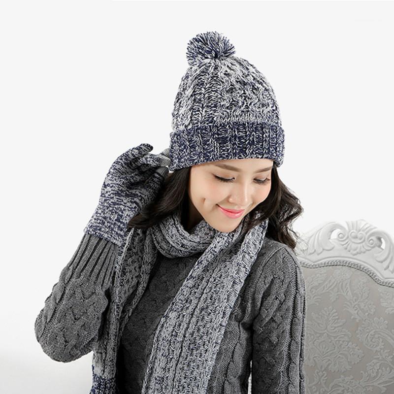 

Winter Women's Knit Hat Scarf Gloves Set Three-piece Suit Womens Autumn Winter Wool Cap Women's Hats Balaclava Caps1
