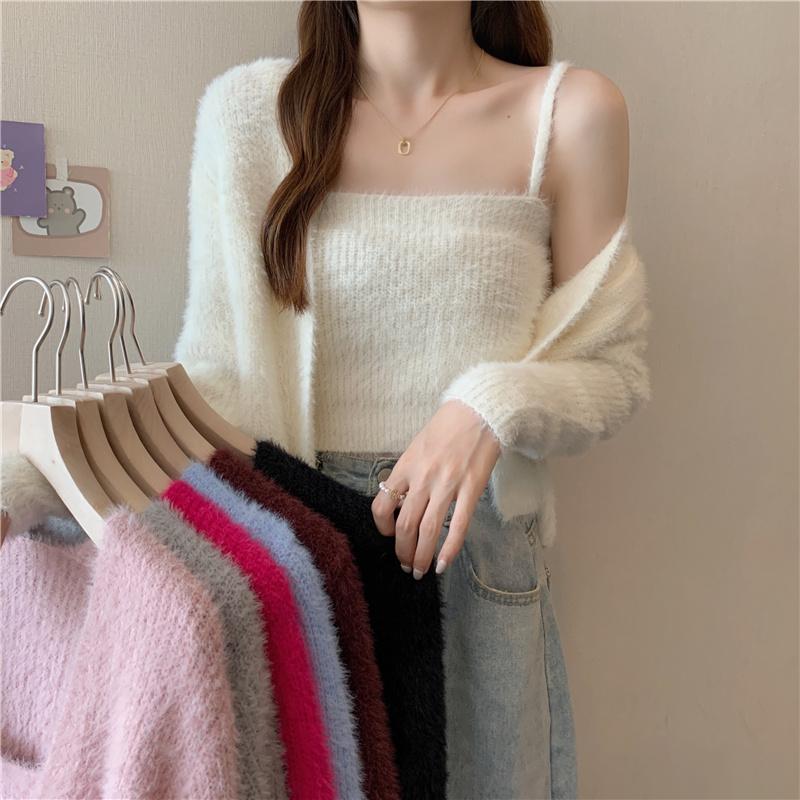 

Women's Knits & Tees Sexy Vest Camisole Tops Solid V Neck Mohair Cardigan Women Gentle Outwear White Long Sleeve Sweater Knit Crop Fashion W
