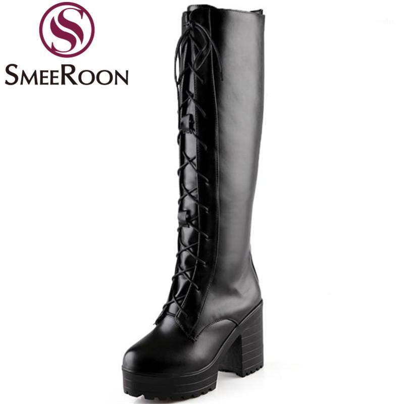 

Smeeroon platform boots woman fashion thick heels knee high boots office keep warm winter women's shoes large size 34-431, Black 1