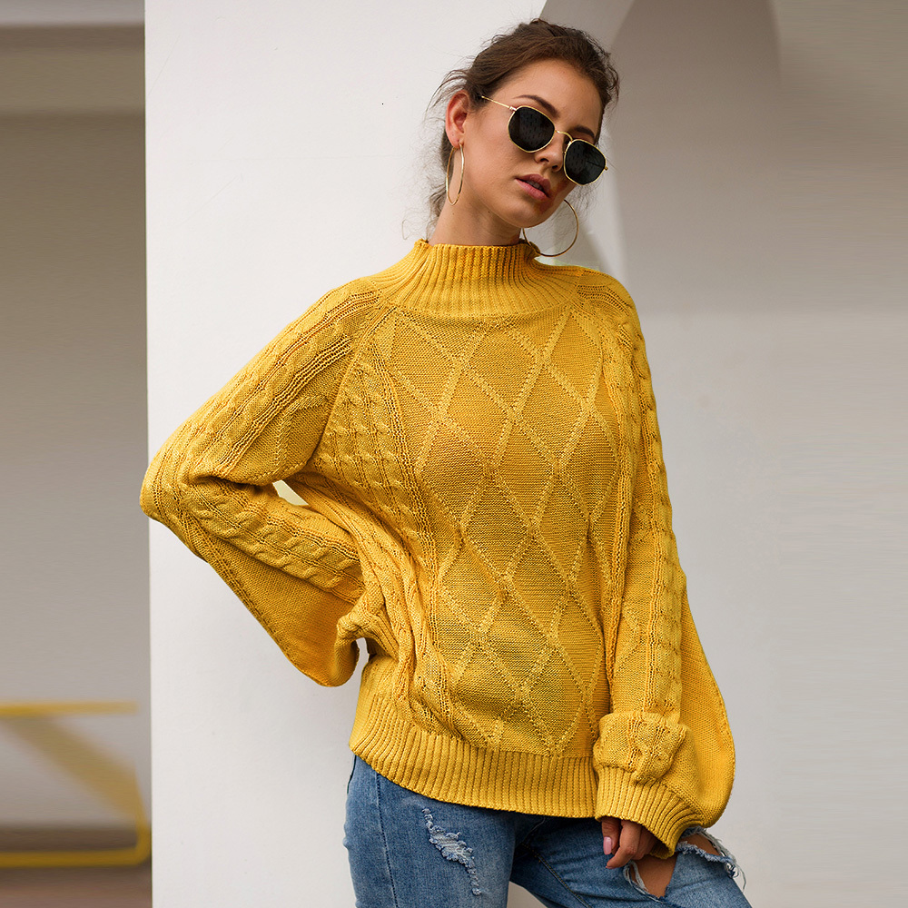 

2021 New Fall Winter Oversized Women Argyle Pullover Sweater Thick Warm Turtleneck Tricot Jumper Top Cable Twist Knitwear Jo6p, Yellow