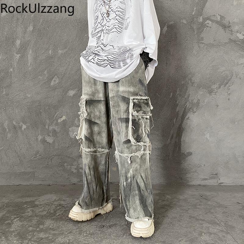 

Men's Jeans Japanese Streetwear Tie Dye Ripped Vintage Print Punk Men Tracksuit Fashion Patchwork Denim Loose Pant Hip Hop Plus Size, Gray