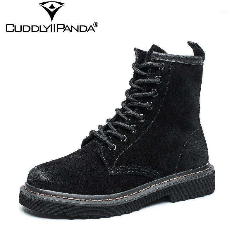 

CuddlyIIPanda 2020 New Motorcycle Boots Nubuck Leather Women Mid-calf Boots British Style High Top Locomotive1, Black