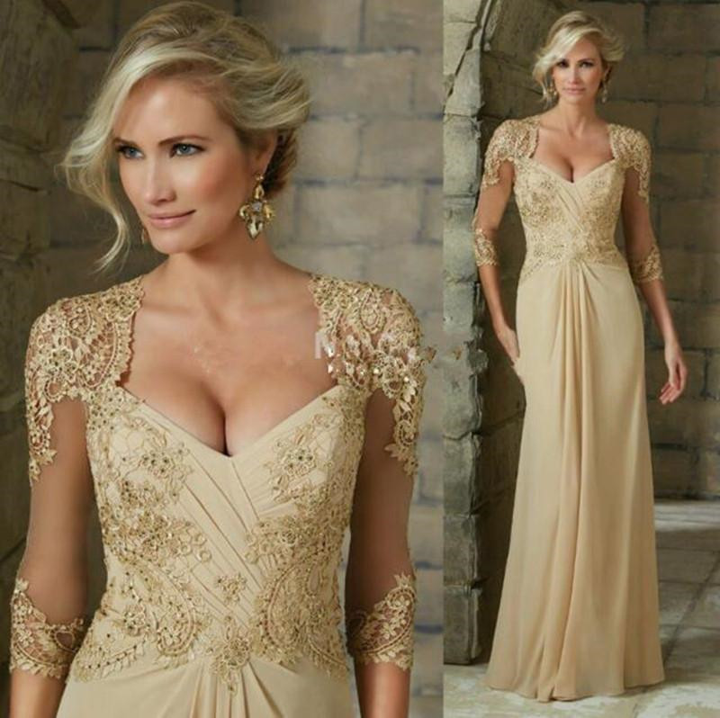 

Champagne Lace Mother of the Bride Dresses Floor Length Pleats Beaded Applique Party Dress 3/4 Long Sleeve Chiffon Wedding Guest Gowns M050