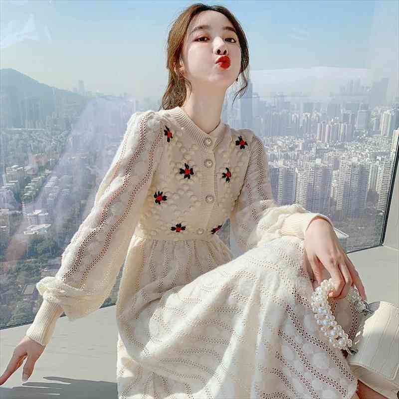 

Knitting Maxi Dresses For Women Female Korea Style Slim Embroidery Wool Long Sleeve Woman Dress Party Autumn Winter, Black;gray