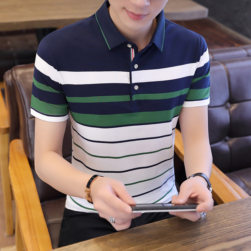 

2021 New Summer Short Sleeves Harajuku Korea Fashion Striped Polo Shirts Men's Top Tees Clothes Fwmx, Kly a27 2