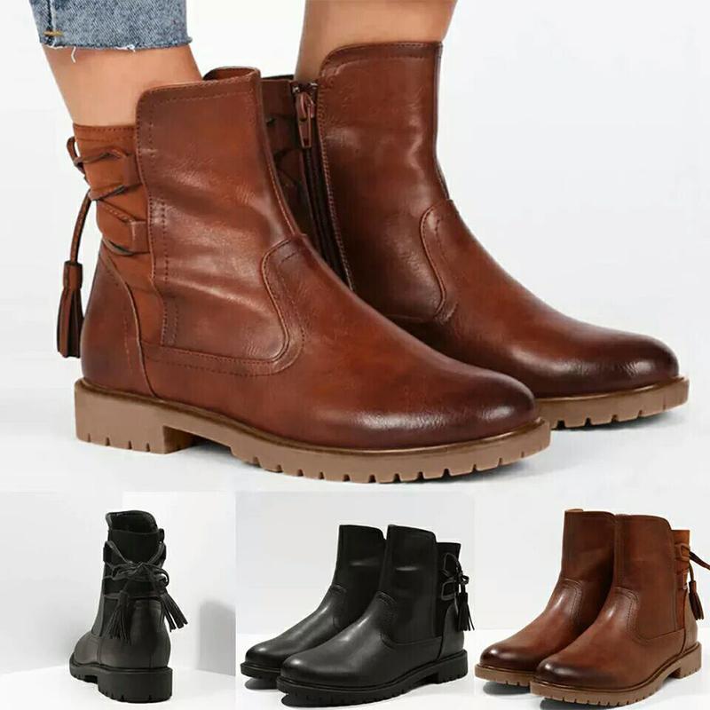 

Women Zip Ankle Boots Autumn Retro Plus Size Ladies Women's Thick Low Heels Female Tassel Sewing Shoes Woman Footwear Drop Ship1, Black