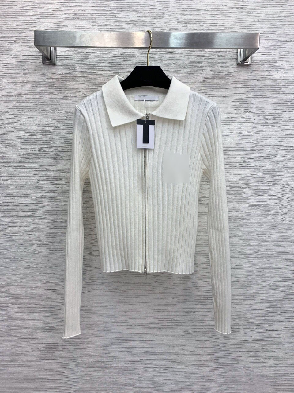

New high end letter pit embroidery stripe Lapel long sleeve zipper knitted cardigan in autumn and winter 2020, White