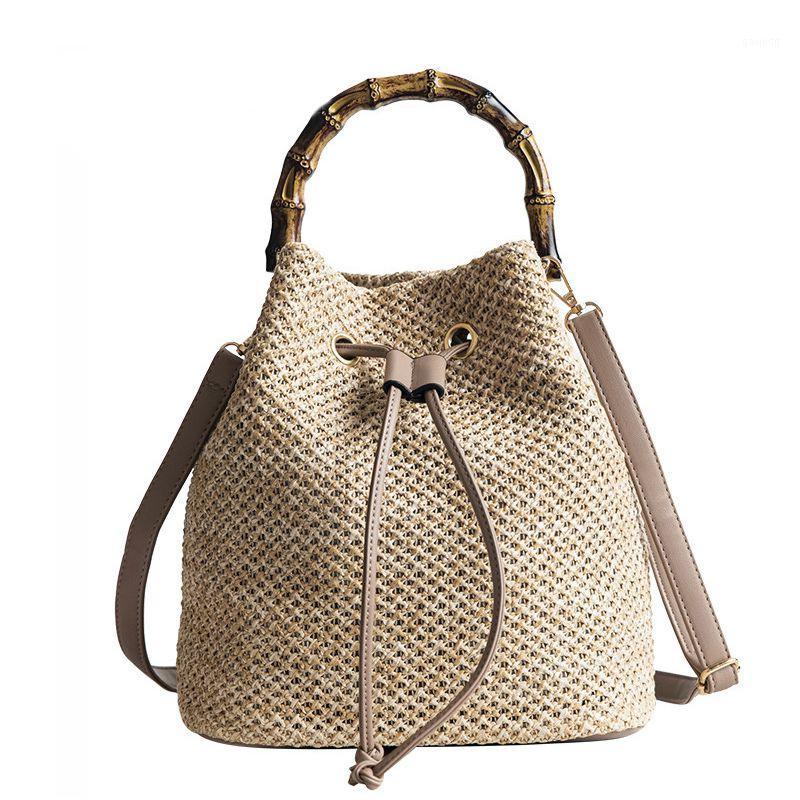 

New Drawstring Women's Straw Bucket Bag Summer Woven Shoulder Bags Shopping Purse Beach Handbag Straw Handbags Travel Bag Tote1, Khaki