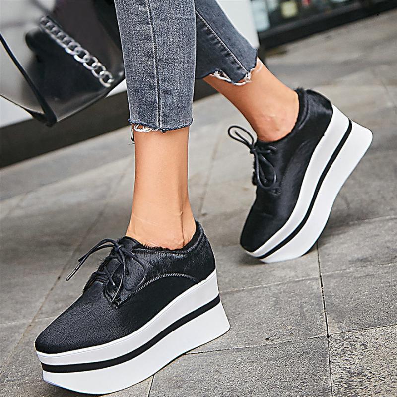 

2020 Low Top Fashion Sneakers Women Horsehair Wedges High Heel Ankle Boots Female Round Toe Platform Oxfords Shoes Casual Shoes, Black