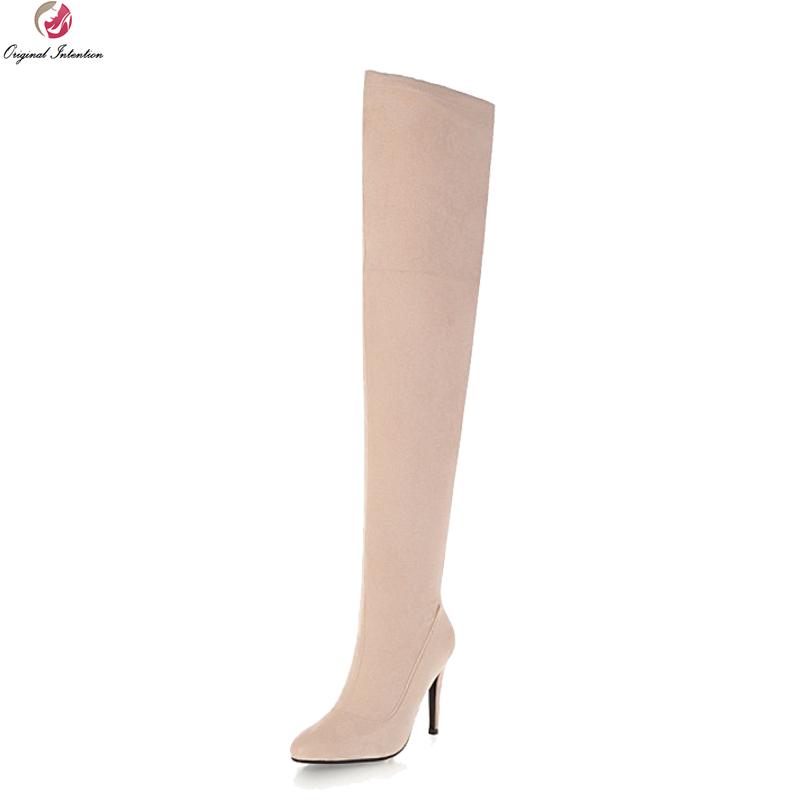 

Original Intention Sexy Women Thigh High Boots Pointed Toe High Heels Boots Black Pink Grey Nude Shoes Woman Plus US Size 3-16, Ef1389 black