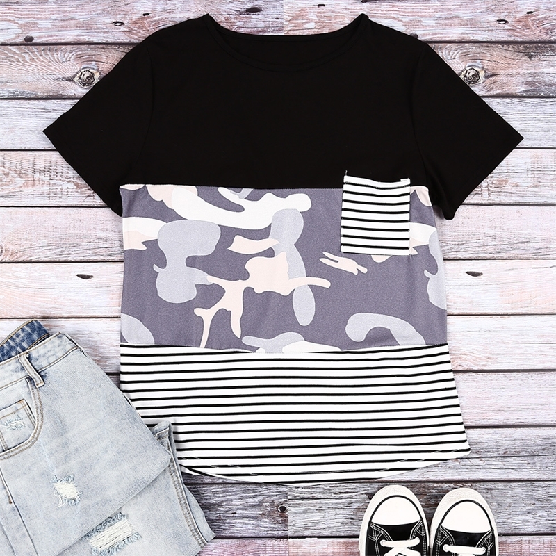 

Women Short Sleeve Basic T-Shirt Striped Splicing Pocket Tee Shirt top Camouflage Female harajuku Vintage Baseball Tshirt Y200109, Beige