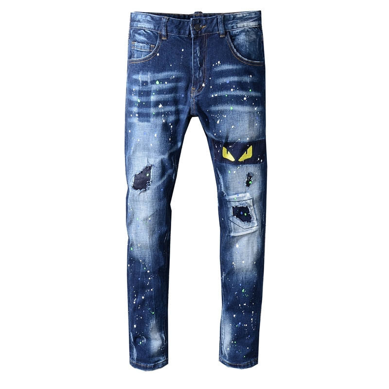 

New Men's Male Skinny Autumn Eye Embroidered Embroidery Blue Jeans Korean Version Trend Slim Pants Trousers