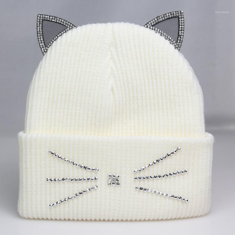 

Cute Ears Beanie Winter Women's Knit Ribbed Hat with Rhinestone Bling Skullies Hats White Black Red Grey1