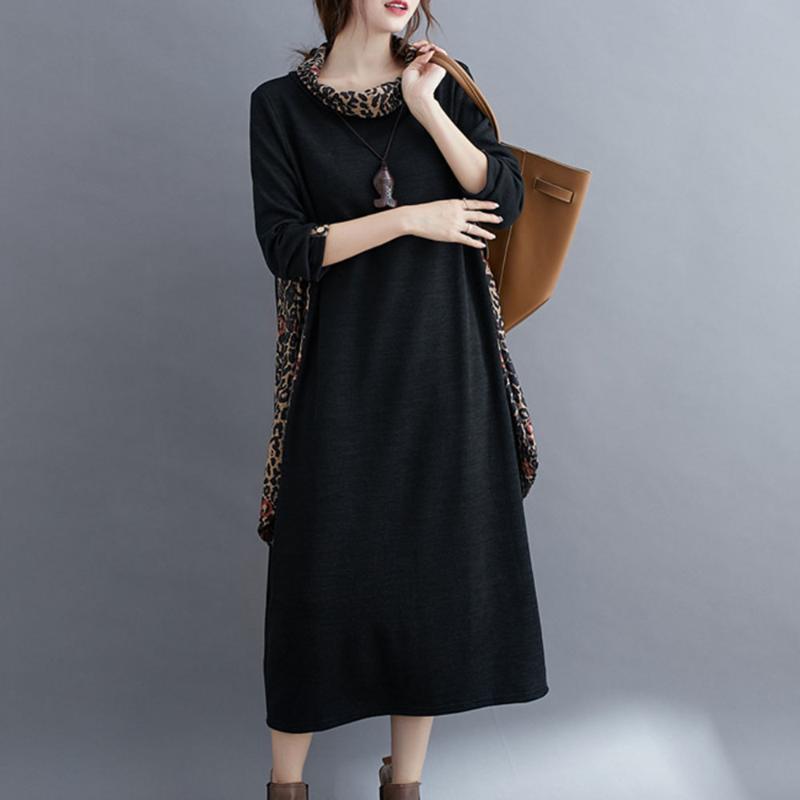 

Leopard Spliced Dress Autumn Winter Women Casual O-neck Long Sleeve Casual Office Loose Cotton Dress Ladies Streetwear Dresses, Black