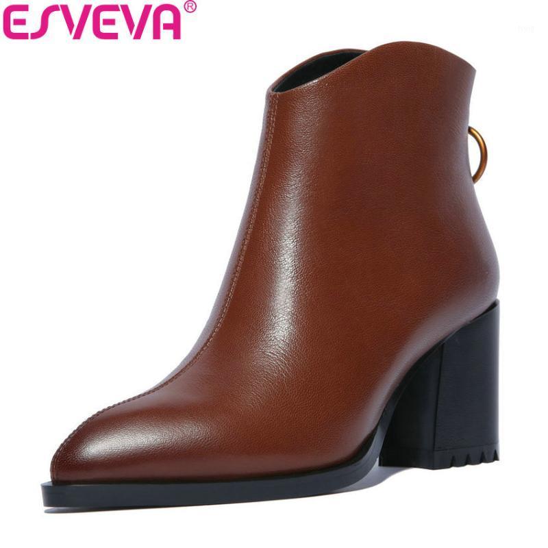 

ESVEVA 2020 Women Shoes Zipper Square High Heels Motorcycle Shoes Ankle Boots Cow Leather PU Winter Woman Size 34-421, Black