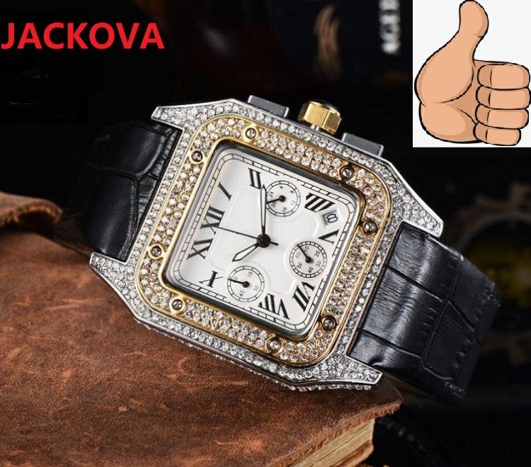 

luxury full functional watch fashion men and women steel belt leather movement quartz clock watches crime premium Clock Square Diamonds Ring Chain Wristwatch, As pic