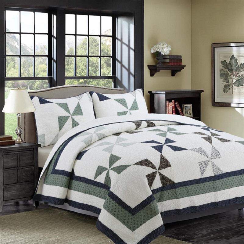

Quality Windmill Patchwork Quilt Set 3PCS Quilted Bedding Cotton Quilts Bedspread for Bed Covers  Size Coverlet Cover, White