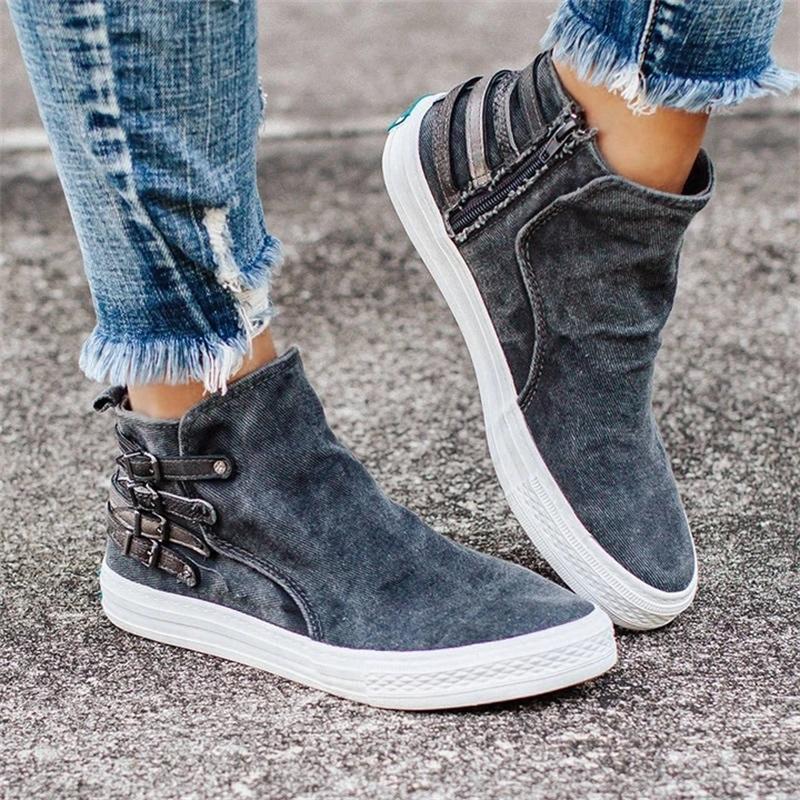 

2020 Autumn Spring Women Casual Shoes Canvas Shoes Women Casual Zipper Buckle Flat Heel Sneakers Fashion Female Walking, Brown