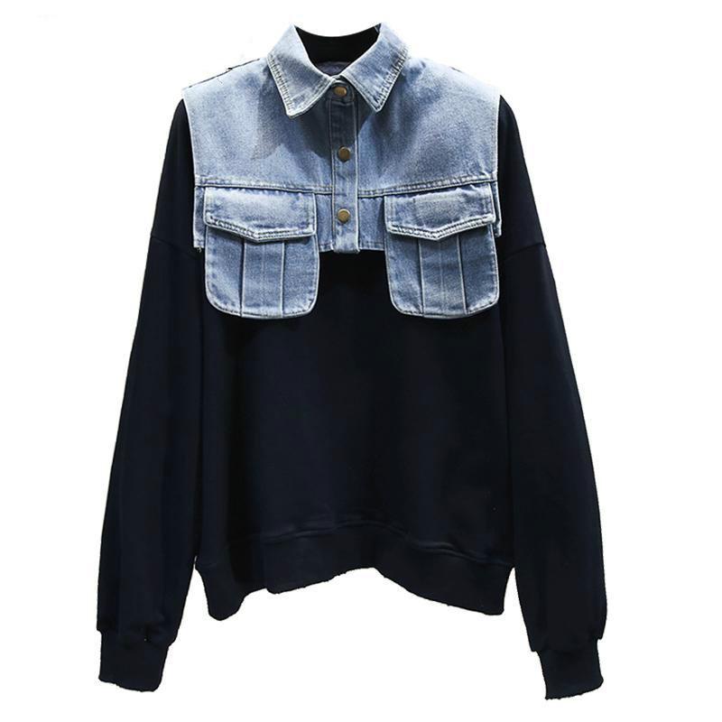

EWQ] 2020 hoodie oversize Women Hoodies Denim Hoodie Sweatshirt Patchwork Color Matching Fake Two Casual Black Women