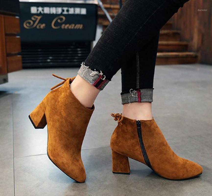 

women ankle boots chunky mid heels matin shoes woman booties winter british shoe chaussures femme zapatos mujer sapatoK00941, Black