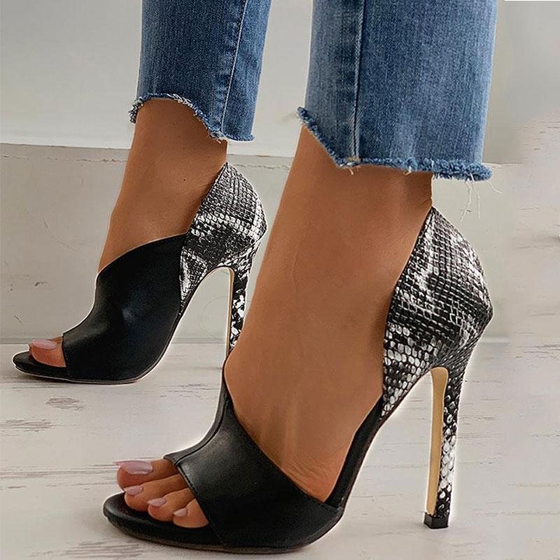 

PU Leather Party Sexy Casual Night Out Ladies Sandal Snakeskin Colorblock Peep Toe Stiletto Heel, Black