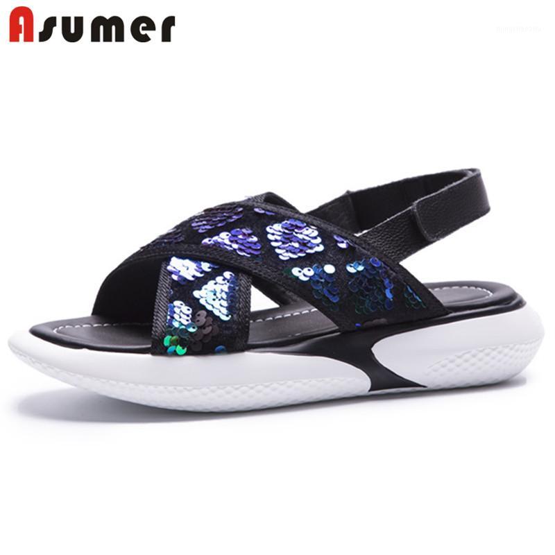 

ASUMER 2020 new arrive sneaker casual shoes women sandals sequin solid colors comfortable fashion summer sandals ladies1, Black