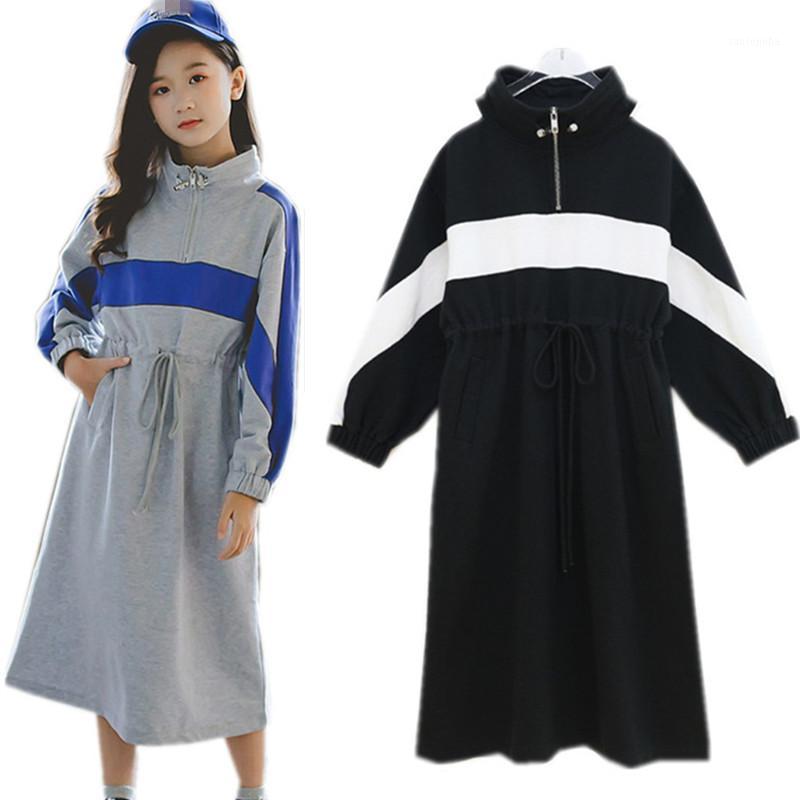 

4 to 16 years kids & teenager girls color block half-zipper stand collar long sleeve cotton casual flare dress fall winter dress1, Gray