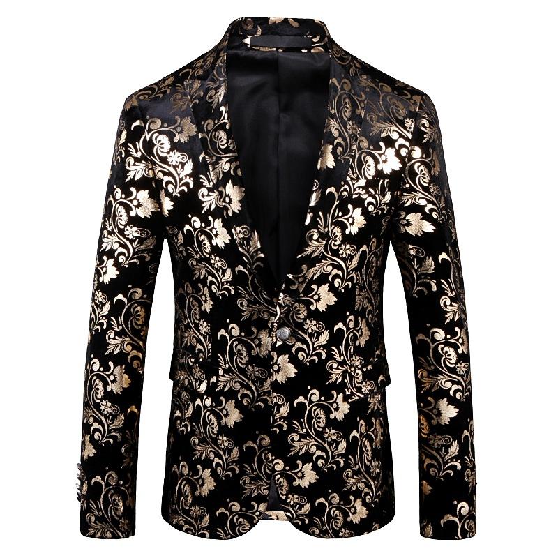 

Blazers Slim Casual Men Fashion Gold Print Stage Costume Singer Host Musician Dancer Casual Business Party Prom Jacket Banquet, As picture
