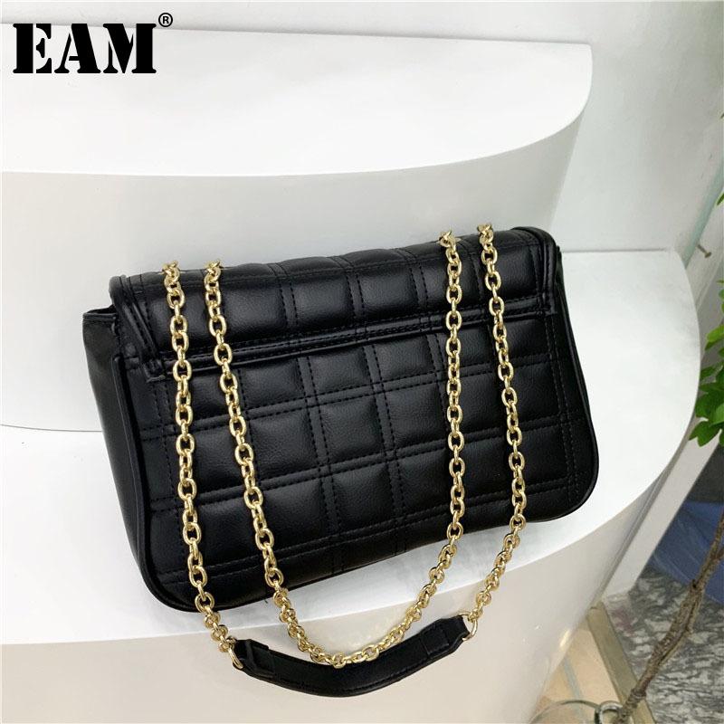 

[EAM] Women New Argyle Chains High Quality PU Leather Flap Personality All-match Crossbody Shoulder Bag Fashion 2021 18A1326, Black