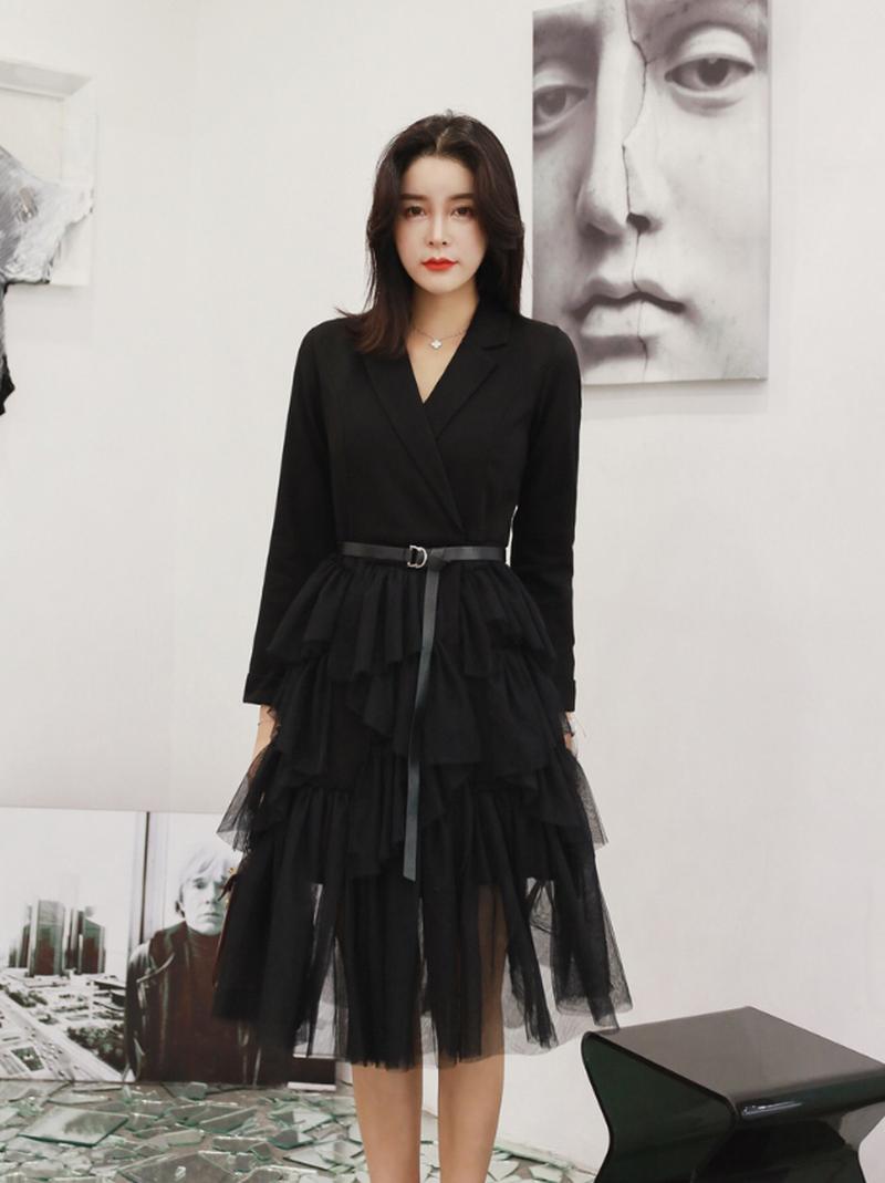 

New Design Autumn Women' V-neck Stitching Mesh Cake Dress Long Sleeve A-line Lace Suit Dresses, Black