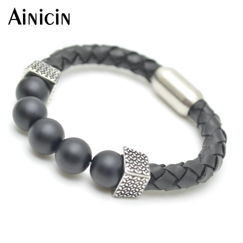 

5pcs New Arrival Natural Black Stone 12mm Matte Surface Round Beads Genuine Leather Magnet Clasp Bracelets