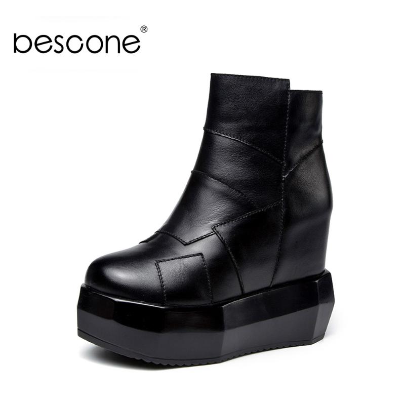 

Bescone Cool Fashion Ankle Boots Woman High Platform Patchwork Genuine Leather Zipper Boots Ladies Zipper Round Toe BO732, Black