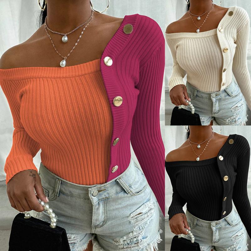 

Autumn Off Shoulder Contrast Color Stitching Long Sleeve Sweater Casual Button Decor Casual Slim Elegant Knitted Pullover Female, Black