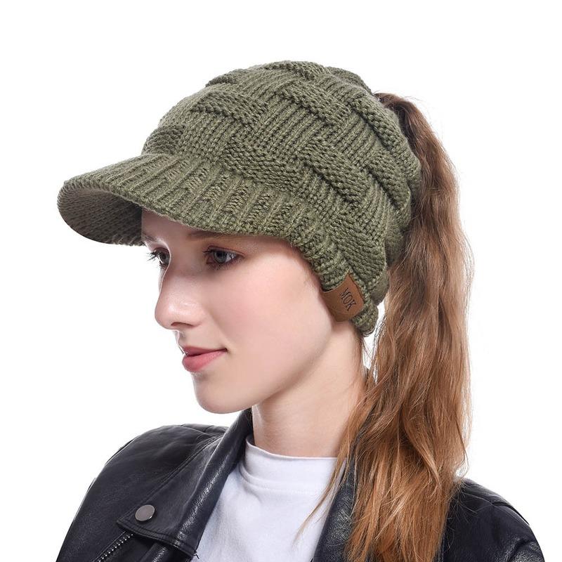

2020 Women Messy Bun Knitted Beanie Hat Winter Warm Outdoor Sports Casual Soft Knitting Visor Cap Beanie Skullies Hat, As picture