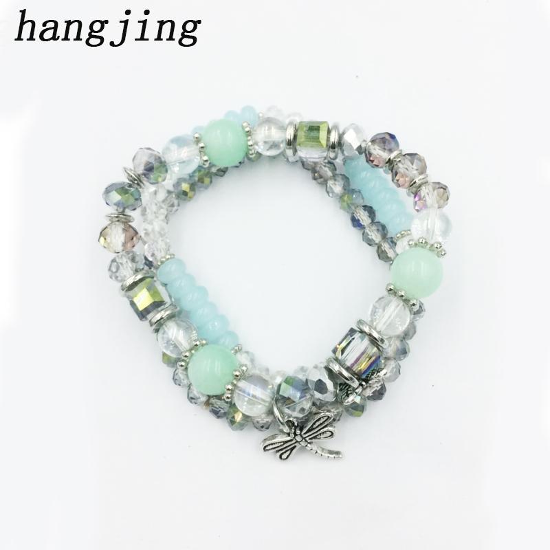 

hangjing 3pcs/set bohe luxury friendship stretch New women charm dragonfly bee crystal bead natural stone bracelets for couples