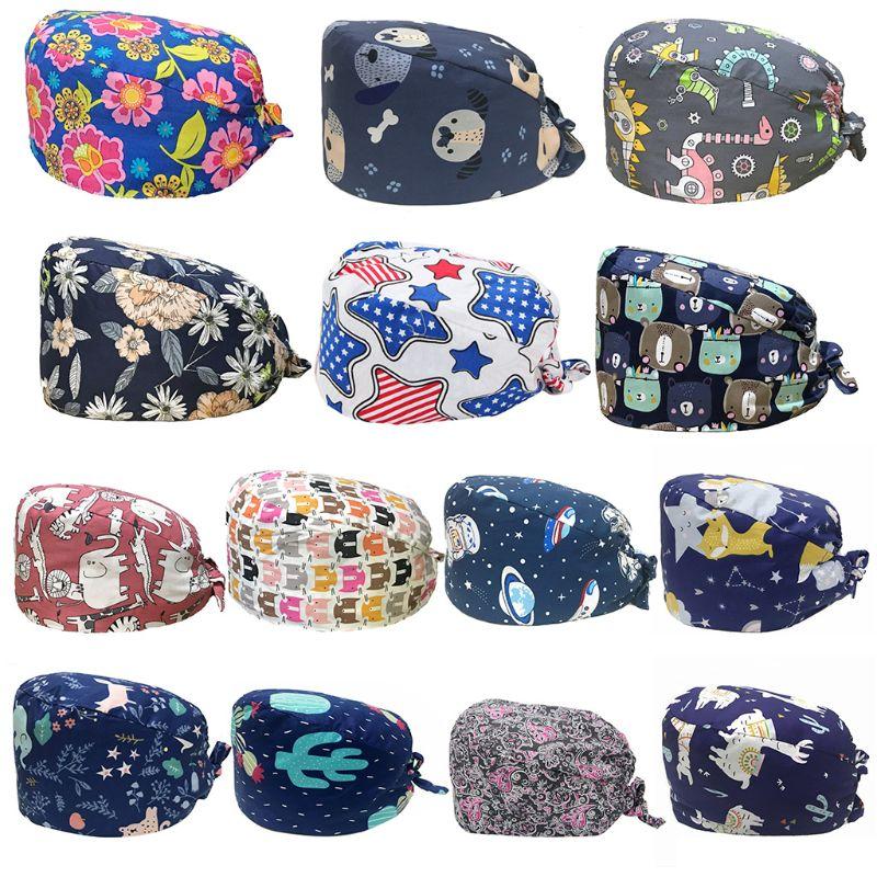 

Cotton Scrub Cap Floral Animal Printed Sweatband Bouffant Hat 2XPD, Blue