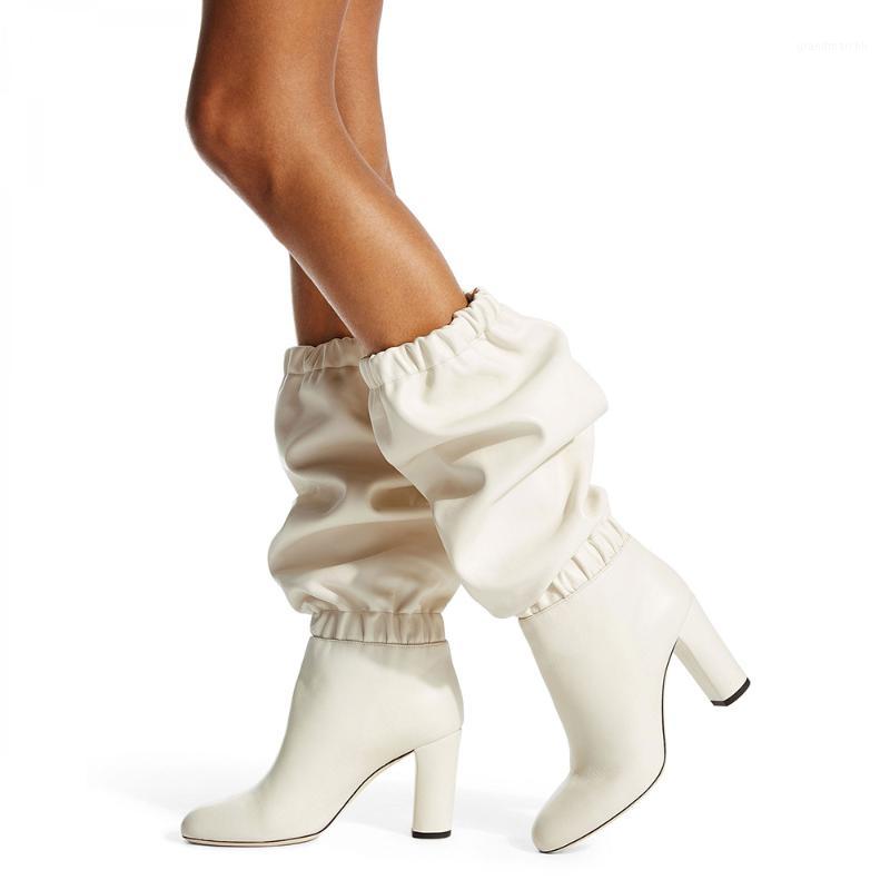 

Beige White Suede Frape Elastic Women Mid-calf Boots Female Chise Mid Calf Boots Chunky Heels Pleated Knight Bottine Zapatos1