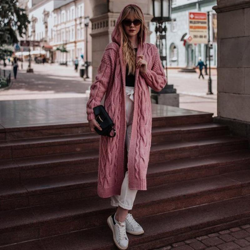 

Autumn Winter Women Ladies Knit Long Coats Cardigan Long Sleeve Warm Slim Fit Sweater Outerwear Casual Female Solid Hooded Coats, White