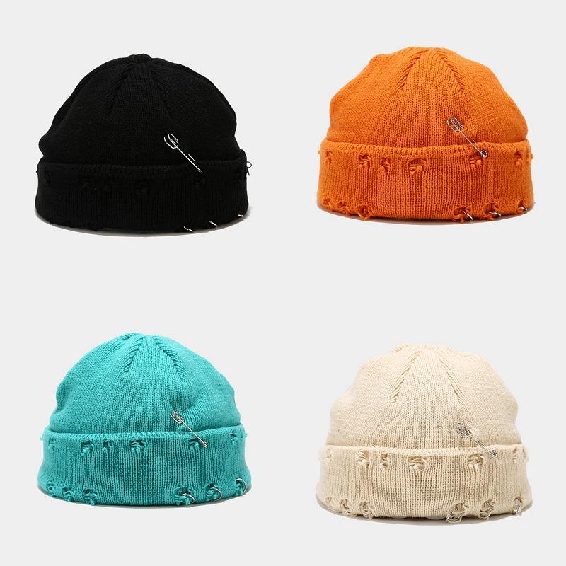 

European American Ring Pin Wool Knitted Hat Men Women Warm Beanies Street Hip Hop Melon Hat Broken Hole Trend Landlord, Black