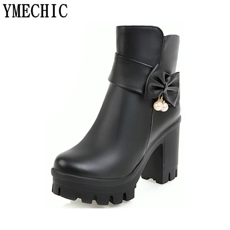 

YMECHIC Lady's Butterfly-knot Chunky Block High Heel Ankle Boots Platforms Female Bowtie Winter Boots Shoes Woman Plus Size 2020, Black