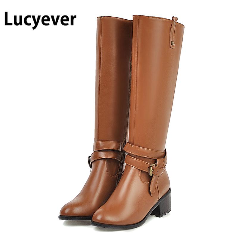 

Lucyever Women Thick Heel Autumn Winter Boots Female Zip Buckle Platform PU Leather Knee High Boots Plus Size Ladies Brown Shoes, Black