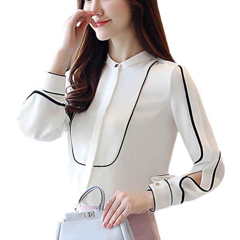 

Women Chiffon Blouse Shirt Fashion Shirt White Stripe Women' Long Sleeve Korean Loose Stand Collar Women Top 930A