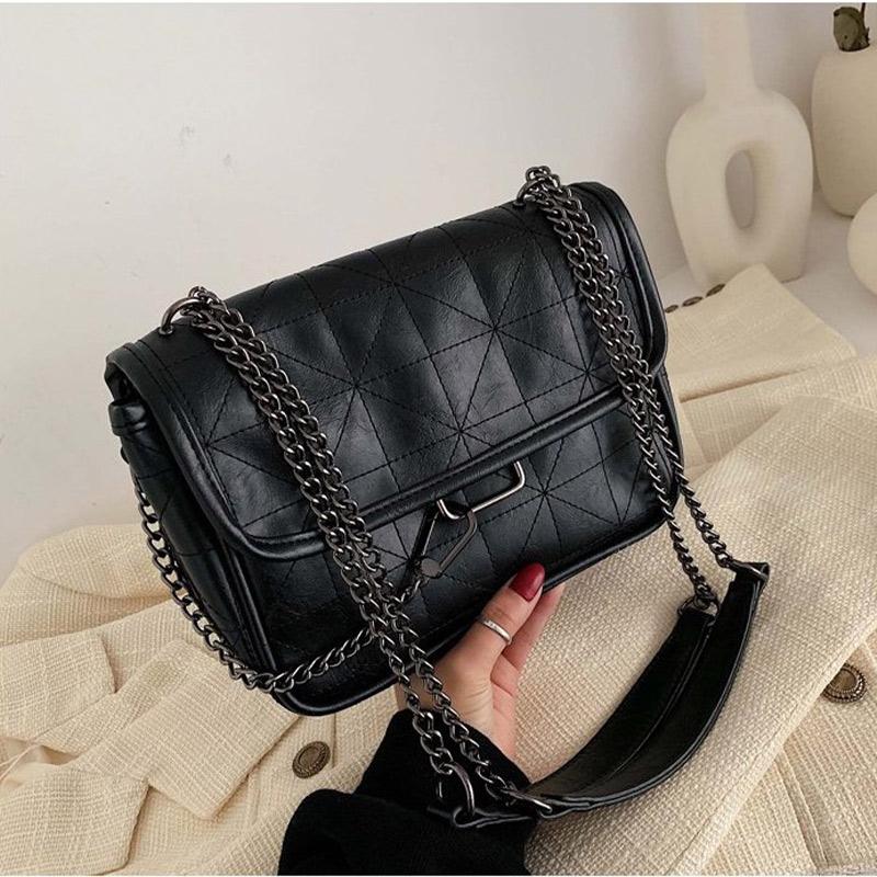

New 2021 Brand Designer Chain Shoulder Bags For Women Casual Handbag Crossbody Trendy Vintage Messenger Bag Luxury Bags, Black