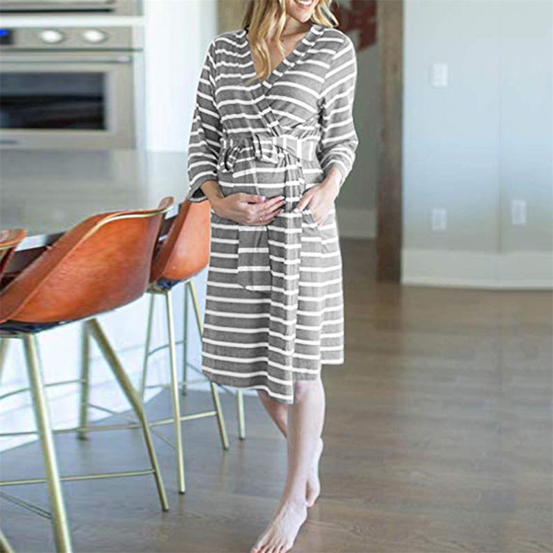 

Women Dresses Printed Stripe Lactating Long Sleeve Multi-functional Fashion Lapel Sashes A Line Office Ladies Dresses, Gray