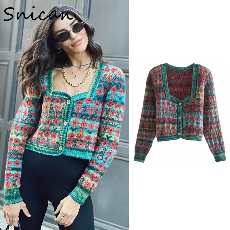 

Snican winter floral square collar cardigan cropped tops za women knitted sweater abrigos mujer invierno vintage outwear 210204, Green