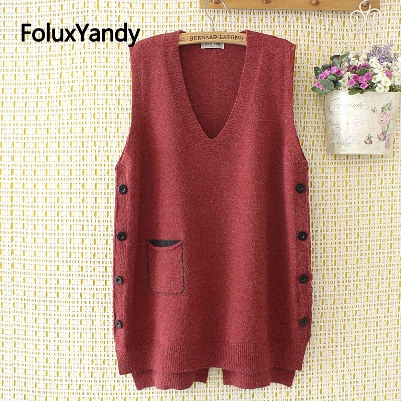 

Buttons Knitted Vest Women Sleeveless Casual V-neck Plus Size Vests Red Blue Black KKFY4372 201110