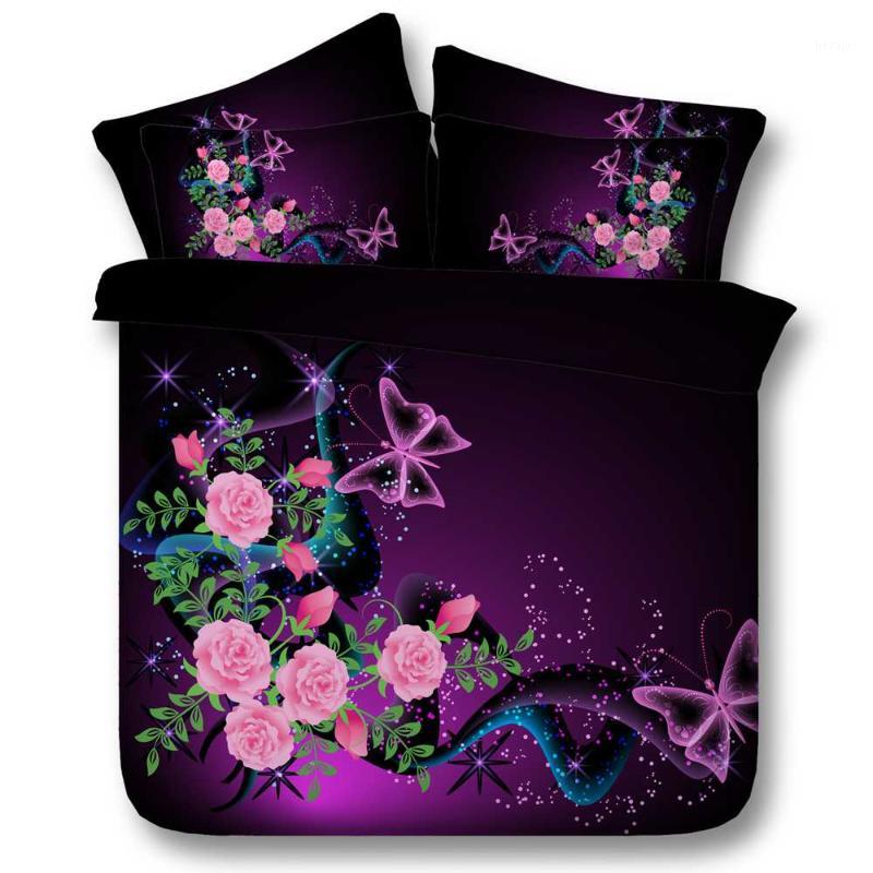 

3D Purple Floral Bedding set Rose Flower quilt duvet cover bedspreads linens bed sheet Cal King Queen size  Butterfly 4PCS1, Purple flower