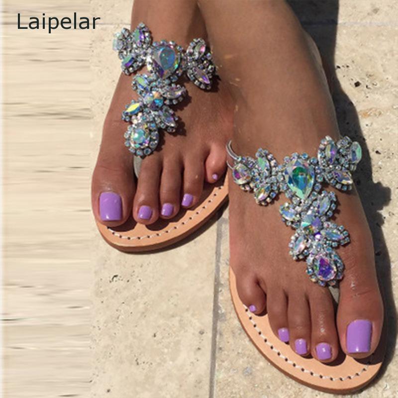 

New 2021 Leisure Women Shoes Rhinestones Summer Chains Thong Gladiator Flat Sandals Slippers Crystal Chaussure Size35-46, Black